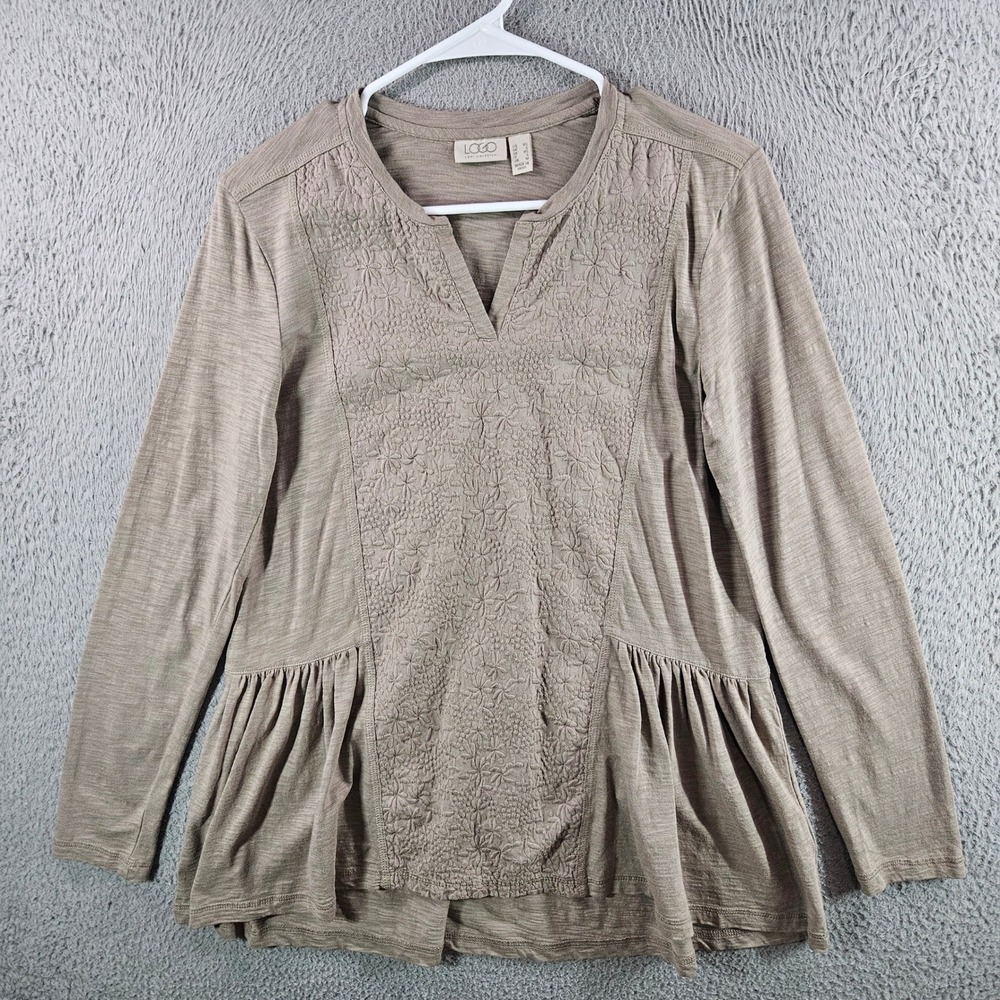 LOGO Lori Goldstein Women XS Taupe Embroidered Peplum Top‎ Long Sleeve
